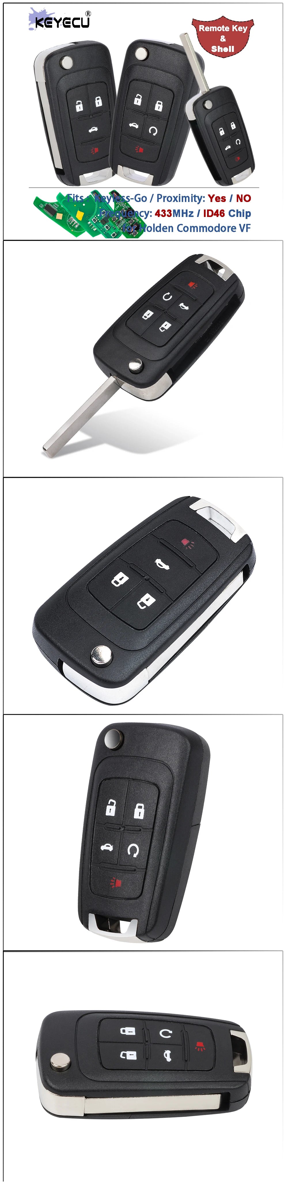 KEYECU AU 433MHz for Holden Commodore VF 2013 2014 2015 2016 2017 Proximity Keyless Remote Key Fob & Shell ID46 Chip