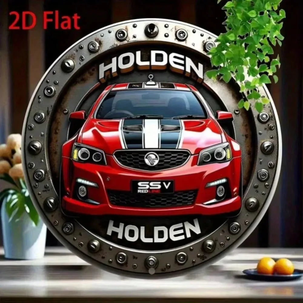 2D Flat Red & Black Stripes Metal Sign – 8x8" Round Vintage Holden Aluminum Wall Art, Perfect for Garage/Bar/Home