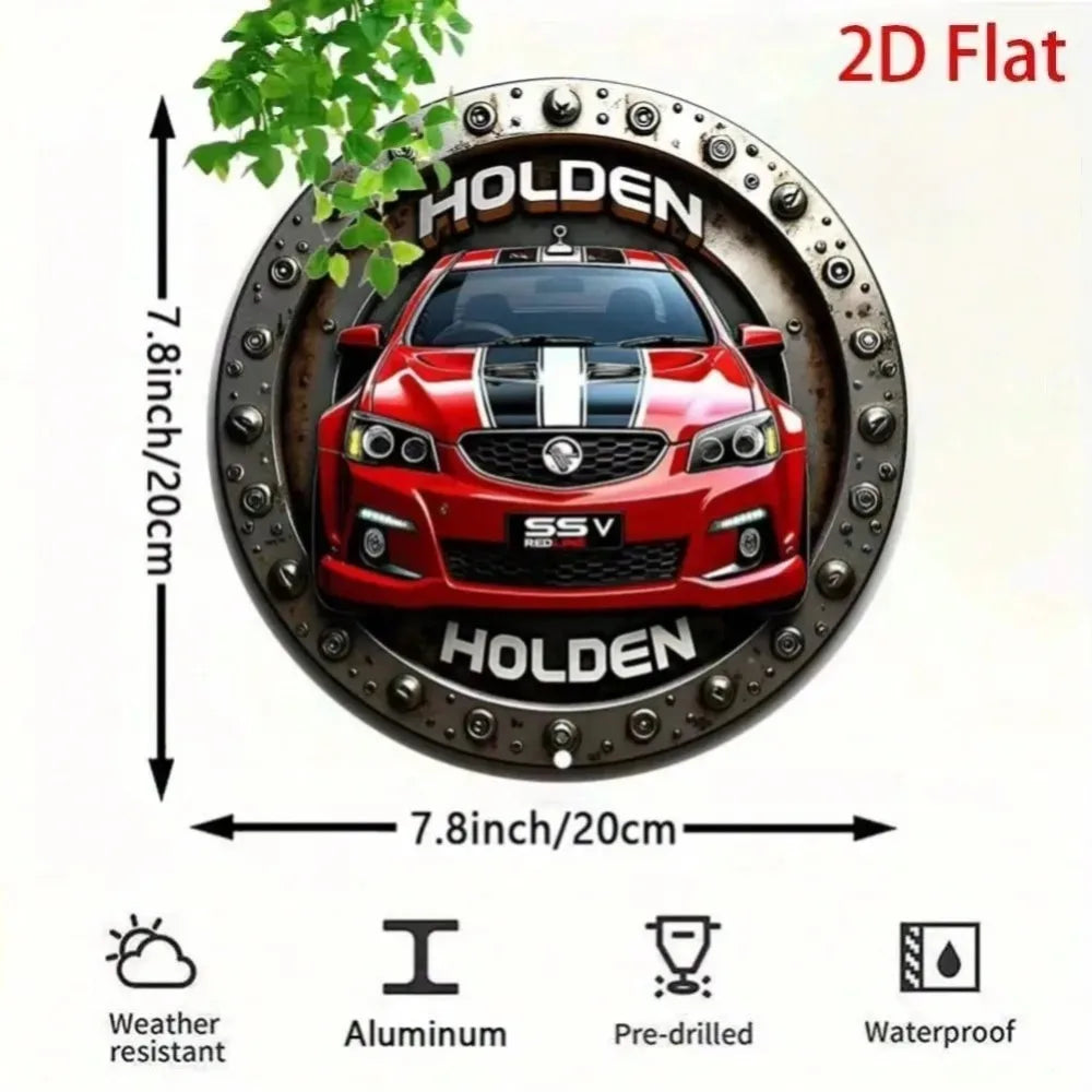 2D Flat Red & Black Stripes Metal Sign – 8x8" Round Vintage Holden Aluminum Wall Art, Perfect for Garage/Bar/Home